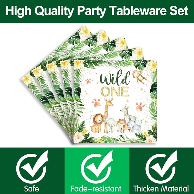 Wild One Birthday Party Supplies Tableware Set - Safari Birthday Decorations Include Plates, Napkins, Cups, Cutlery, for Animal Jungle Theme Wild One Party Supplies | Serves 24