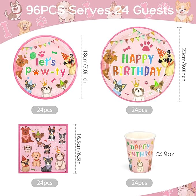 96pcs Dog Birthday Party Supplies Pink Pet Dog Paper and Napkins and Cups Baby Shower Dog Kids Birthday Party Decorations, Serves 24