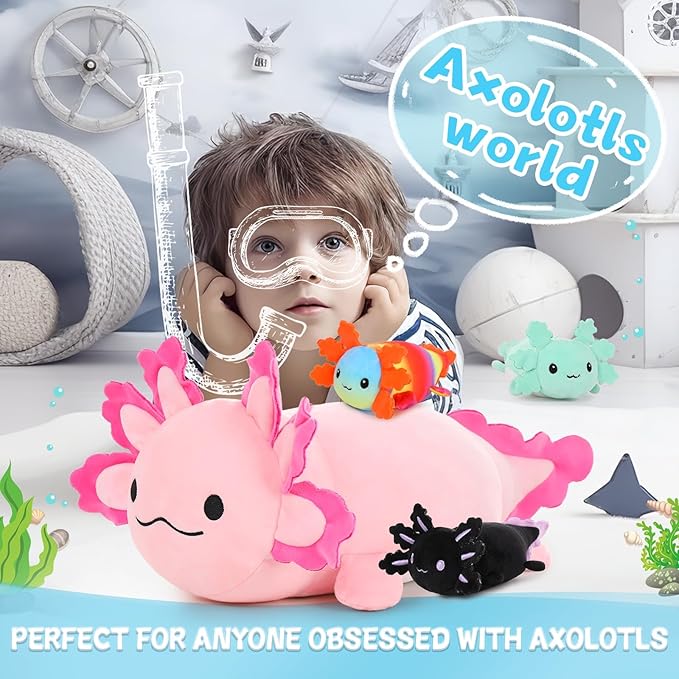 4Pcs Axolotl Plush Set - 24 Inch Large Pink Mommy with 3 Babies, Soft Pillow Stuffed Animals for Decor or Gift, Safe for Girls & Boys