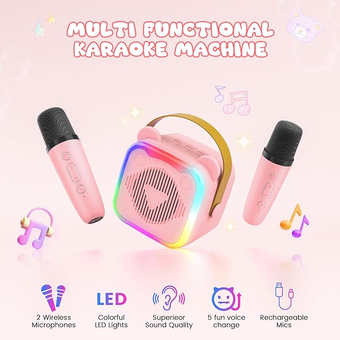 Mini Karaoke Machine for Kids,Portable Bluetooth Speaker with 2 Microphones,Music Player for Singing and Party,Ideas Birthday Toys Gifts for Girls Boys 3,4,5,6,7,8,9,10,11,12+ Years Old (Pink)