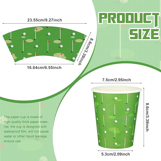 Teling 100 Pieces Golf Themed Party Paper Cups Disposable 9oz Paper Cups for Sports Supplies Decorations Drinking for Birthday Party Favors