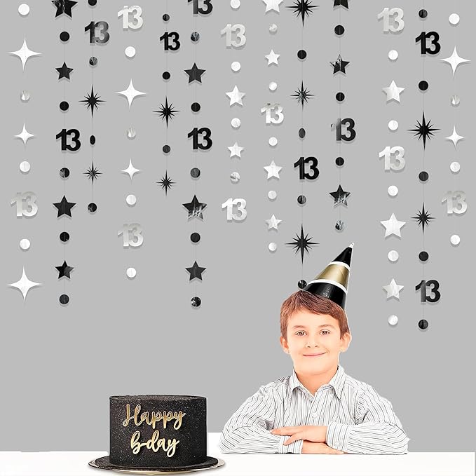 Silver Black 13th Birthday Decorations Number 13 Circle Dot Twinkle Star Garland Hanging Streamer Bunting Banner Backdrop Girls Boys 13 Years Old Birthday Thirteen Official Teenager Party Supplies
