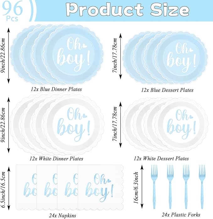 96PCS Oh Boy Baby Shower Decorations Blue Foil Scalloped Paper Plates Napkins Oh Boy Tableware Party Supplies Blue Baby Shower Dinnerware for Gender Reveal Birthday Welcome Party Favors