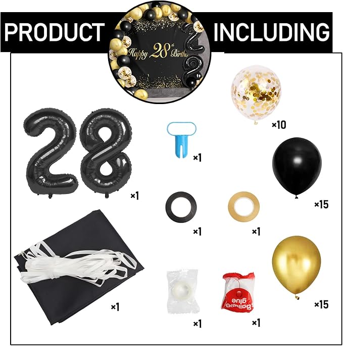 Happy 28th Birthday Balloons Black Set Decor - Cheers to 28 Years Old Party Theme Garland Banner Backdrop Decorations For Women and Men Supplies