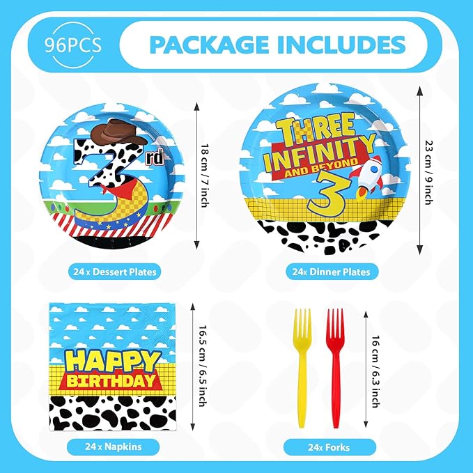 96Pcs Toy Cartoon Story 3rd Birthday Decorations Cow Print Blue Sky White Cloud Plates and Napkins Disposable Toy Inspired Story Cartoon Theme Tableware Set for Boy 3rd Birthday Party Supplies Serve24