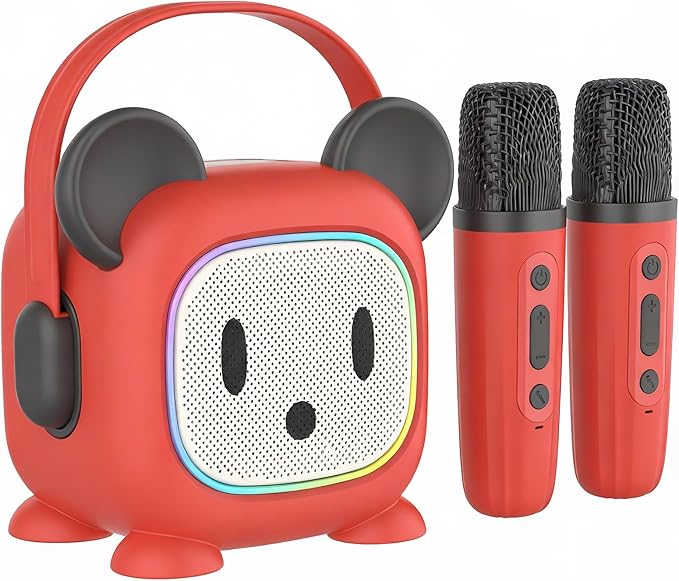 Kids Karaoke Machine with 2 Wireless Microphones - Portable Bluetooth Singing Speaker with AI Voice Changer, LED Lights, Built-in Mic & Carry Handle | Best Birthday Gifts for Girls Boys Ages 3-12