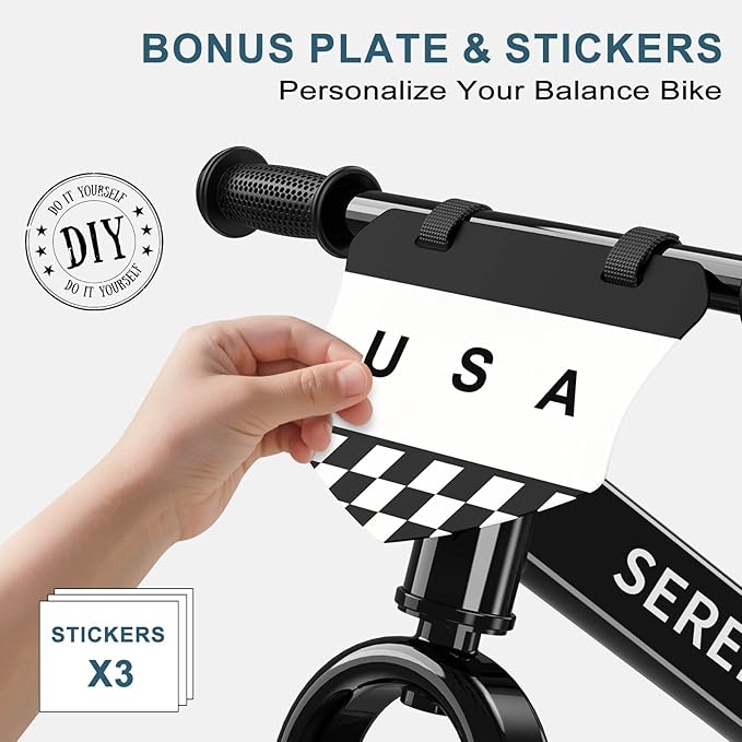 SEREED Toddler Balance Bike 2 Year Old, No Pedal Kids Toy Bike for 2-5 Years Old, Tool-Free Adjustment, Gift for 2-3 Girls, Customize Plate with 3pcs Stickers (Black)
