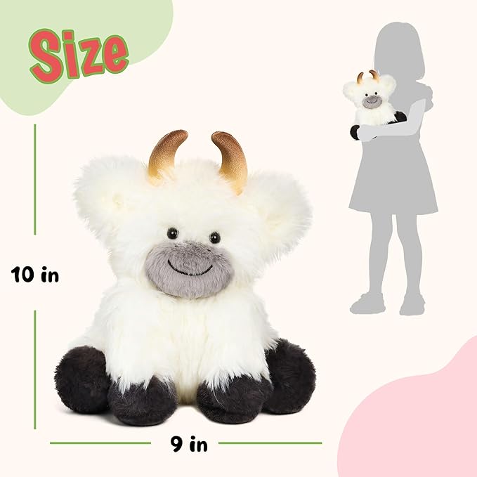 Hopearl Adorable Plush Yak Cow Toy Floppy White Yak Soft Stuffed Animal Cute Birthday Gifts for Boys Girls Kids Toddlers, White, 10''