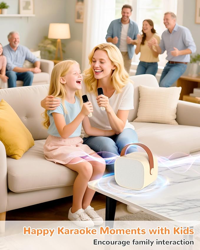 Mini Karaoke Machine for Kids Gifts for Girls Boys with 2 Wireless Microphones,4 Magic Voices,Portable Design for Indoor Outdoor Party Singing Fun,Birthday Christmas Toys for Children 3-12 Beige