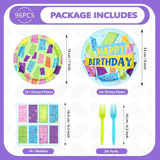 96Pcs Monster Birthday Party Supplies Colorful Door Party Plates and Napkins Disposable Monster Themed Tableware Set for Kids Birthday Baby Shower Decorations, Serves 24
