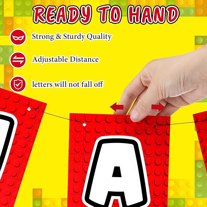 Oudain Pre-Strung Happy Birthday Banner Red Building Blocks Happy Birthday Decorations Building Block Themed Party Supplies for Boys Girls