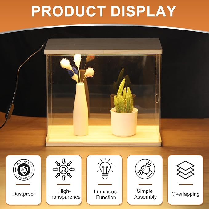 MECCANIXITY Clear Display Case, Acrylic Figure Display Case Clear Display Boxes for Collectibles, Figures Model Toys Home Storage(with Square LED Light, 8x6x6 Inch Black Base)