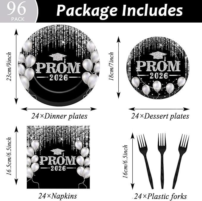 96PCS Prom Night 2026 Party Tableware Set Black Silver Graduation Party Supplies Congrats Class of 2026 Party Disposable Dinnerware Plates Napkins Forks for Graduation Celebration Favors