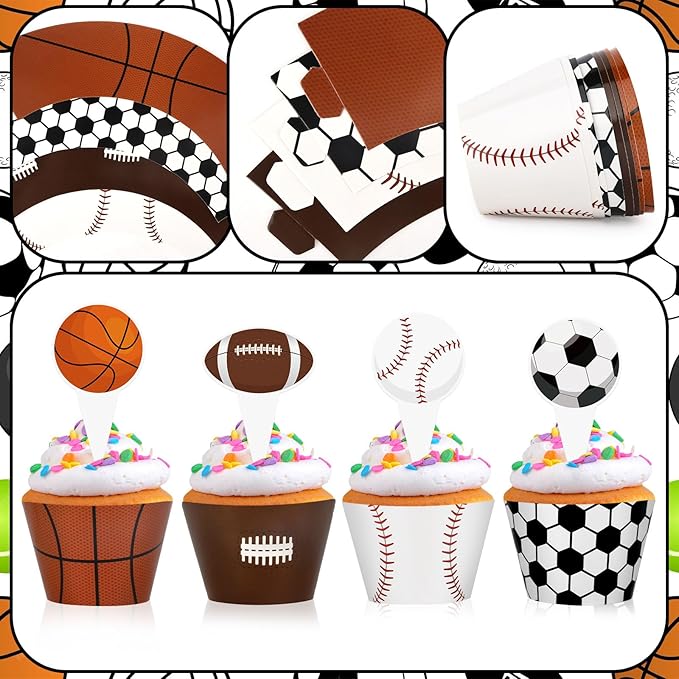48 Pack Sports Balls Cupcake Toppers and Wrappers, Football Basketball Soccer Baseball Cake Decoration for Sport Theme Birthday Party Sports Game Day Party Supplies