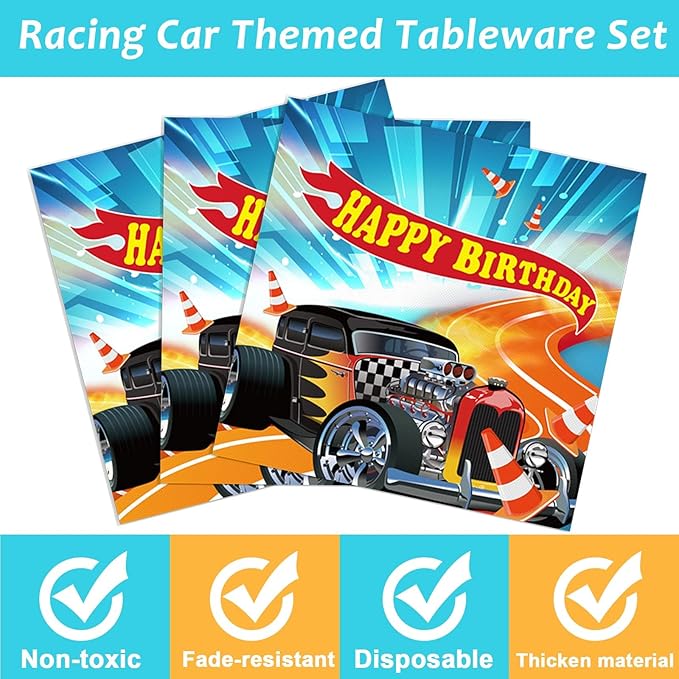 Tevxj 96 Pcs Racing Tableware Set - Hot Car Birthday Dinnerware - Disposable Plates, Napkins, Forks for Kids Boys - Happy Birthday Party Decorations Supplies for 24 Guests