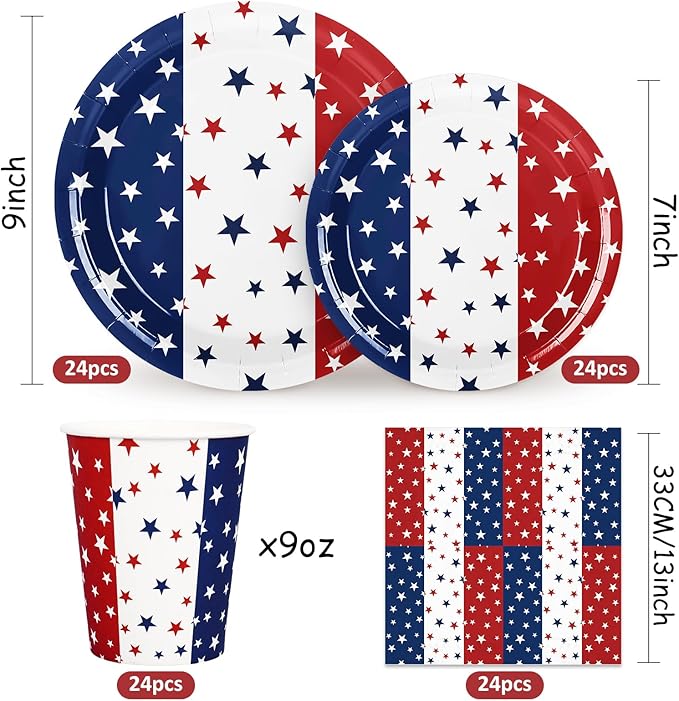 Whaline 96Pcs Patriotic Party Tableware Set with Paper Plate Napkin Cup Red White Blue Star 4th of July Disposable Dinnerware for 24 Guests Independence Day Party Table Decor