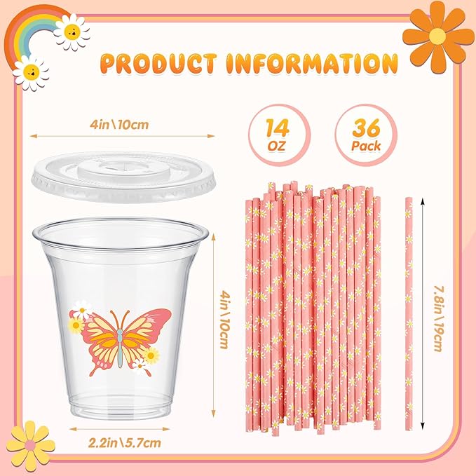 Boao 36 Sets Groovy Party Cups with Lids and Paper Straws 14 oz Retro Birthday Party Supplies Favors Decorations Hippie Boho Disposable Clear Plastic Cups Bulk Daisy Flower Favors