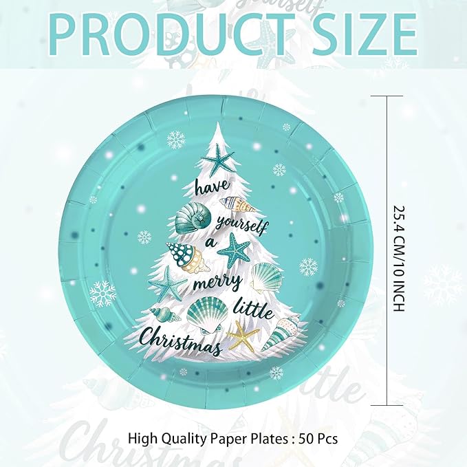 50Pcs Blue Beach Christmas Paper Plates 10" Large Disposable 400 GSM Heavy Duty Plates Xmas Tree Coastal Style Dessert Platters for Merry Christmas Xmas Festive Theme Party Supplies