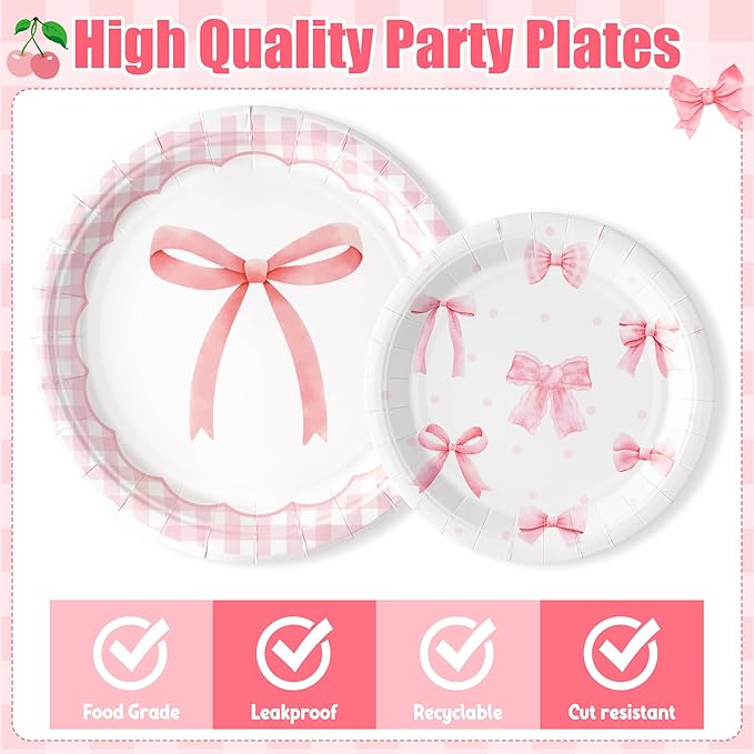 Coquette Pink Bow Party Decoration Set - Serves 24- 112Pcs Bowknot Bachelorette Bridal Themed Tableware Disposable Plate Napkin Tablecloth Banner Card for Birthday Party Supplies