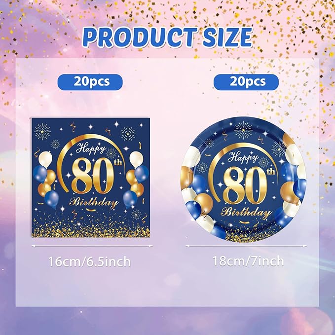 40PCS 80th Birthday Decorations forMen 80th Birthday Decorations Navy Blue and Gold Theme Party Supplies Include Plates and Napkins For 80 Years Old Party Supplies Gifts