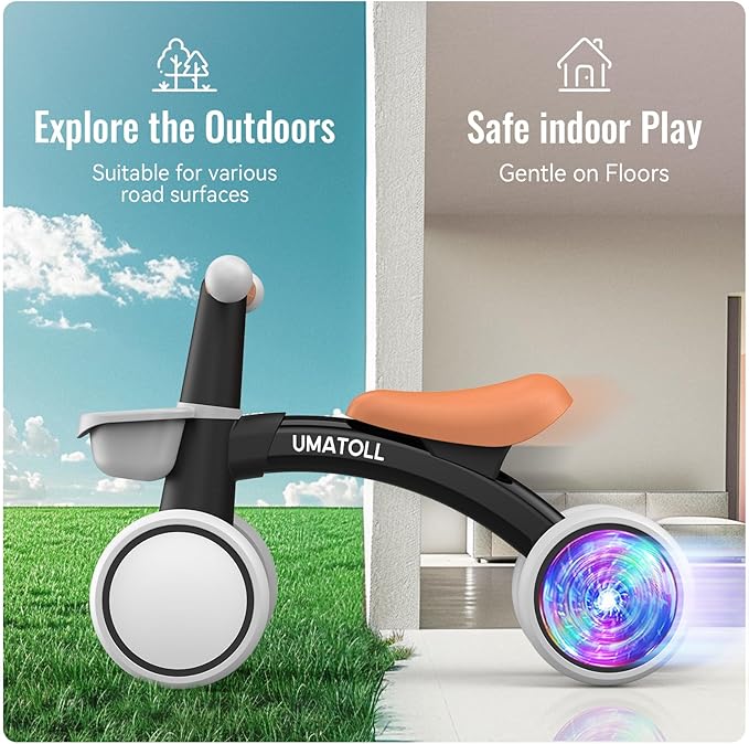 Umatoll Colorful Lighting Baby Balance Bike Toys for 1 Year Old Boys Gifts, Adjustable Seat Baby Walker, One Year Old Boy Birthday Gifts, 12-24 Months Toddler First Ride on Toys