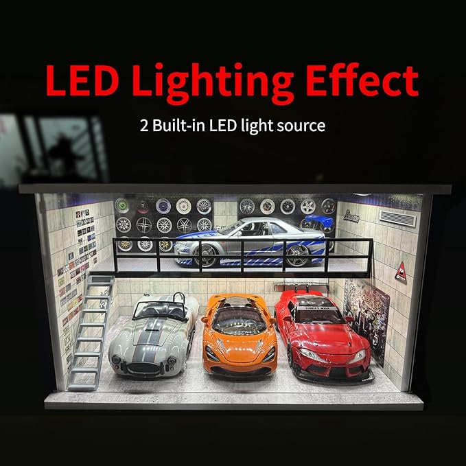1:24 Scale Die-cast Model Car Display Case with Parking Lot Scene for Jada and Lego Collectors, Diorama Garage for Alloy Sport Car Model Toy with USB Lights and Acrylic Cover, 4 Parking Spaces