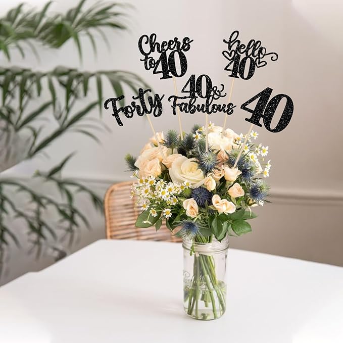 15PCS Happy 40th Birthday Centerpiece Sticks Hello 40 Cheers to 40 Birthday Table Flower Centerpieces Sticks Forty 40 Fabulous Floral Decorations for 40th Birthday Party Centerpieces Supplies Black