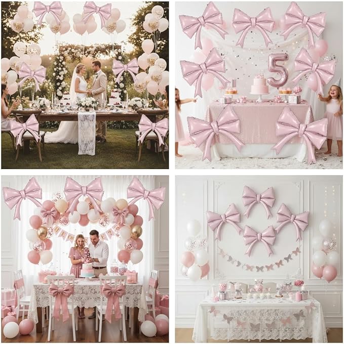 Retor Pink Bow Balloons Coquette Birthday Decorations, 4pcs Giant Dusty Baby Pink Bow Foil Mylar Balloon for Girls Women Bow Themed Party Decor Baby Shower Bridal Wedding Bachelorette Party Supplies