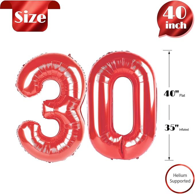 Red Number 30 Balloon 40 inch, 30 Number Balloons, 30th Red Birthday Decorations, 30 Year Old Girls Boys Party Supplies