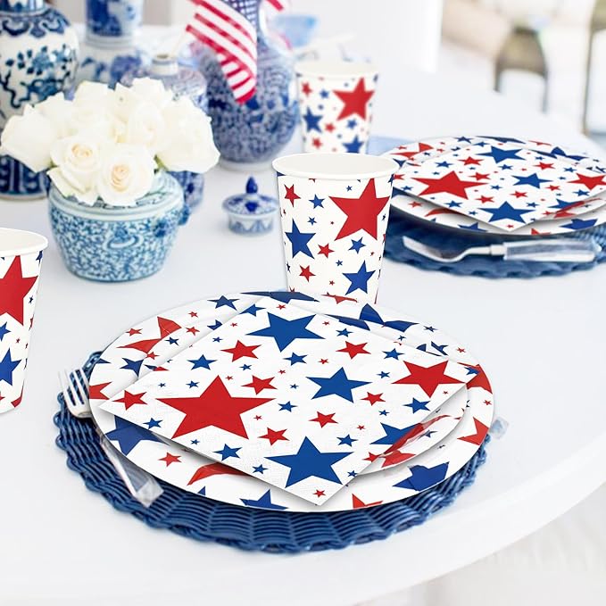 Whaline 96Pcs Patriotic Party Tableware Set with Paper Plate Napkin Cup Red Blue Star 4th of July Disposable Dinnerware for 24 Guests Independence Day Party Table Decor