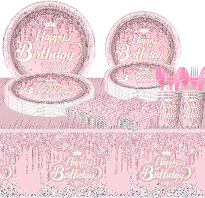 81Pcs Pink Diamond Party Tableware Set Sparkling Diamonds Party Decoration for Girls and Women Birthday Party Supplies (Pink)