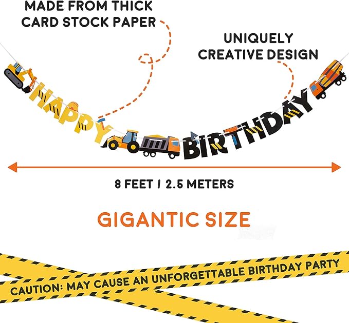 Construction Birthday Party Supplies Banner | Baby Boy Toddler Kids Birthday Truck Decorations - Huge 8-feet Long Under Construction Decor - The Perfect Decoration for your Party