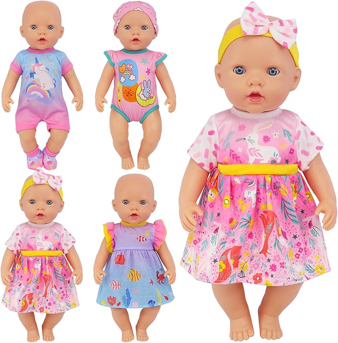 4 Set Doll Clothes, Baby Doll Clothes for 14 -16 Inch, 18 Inch Girl Doll Clothes Outfits and Accessories 7 Pcs Include Jumpsuit, Dresses, Headbands, Hats, Shoes (No Dolls)
