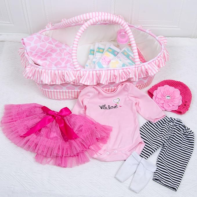 PEDOLLTREE 14 Pcs Reborn Baby Dolls Clothes Accessories Outfit with Pink Heart Bassinet and Blanket for 17-22 Inch Reborn Dolls Newborn Baby Girl