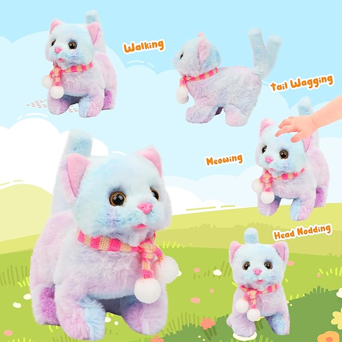 Easfan Walking Kitty Plush Toy Electric Interactive Cat Stuffed Animal Meowing Tail Wagging Head Nodding Cat Pet Toy Animated Kitten Birthday for Kids Toddlers,7.5’’ (Rainbow)