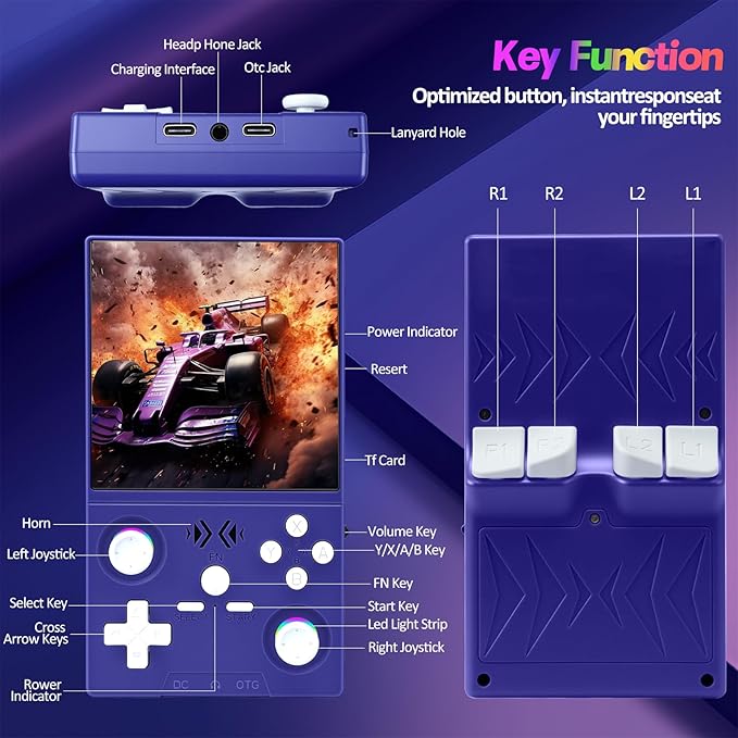 XF40V Retro Handheld Game Console, Retro Gaming Console 4.0'' IPS Screen Linux System Built-in 64G TF Card, Open Source Linux System, Preloaded 20000+ Classic Games, Portable Video Gaming (Purple-64G)