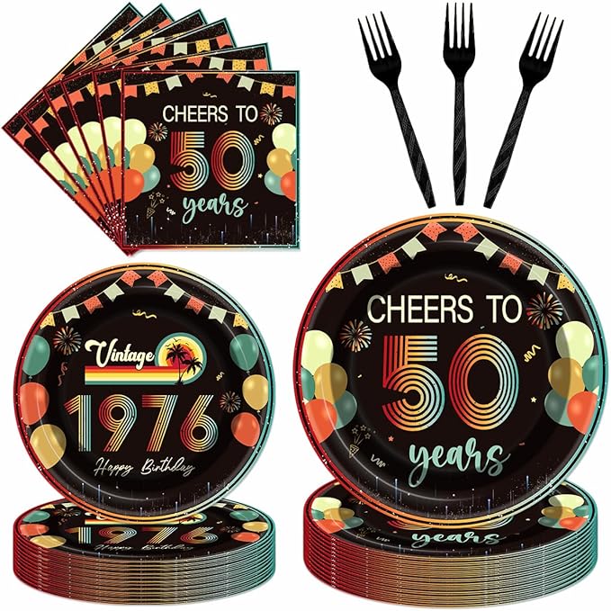 96Pcs Vintage 50th Birthday Decorations Tableware Set Back in 1976 Paper Plates Napkins Forks Cheers to 50 Years Disposable Tableware Decor for Women Men 50th Birthday Party Favor Serve 24 Guests