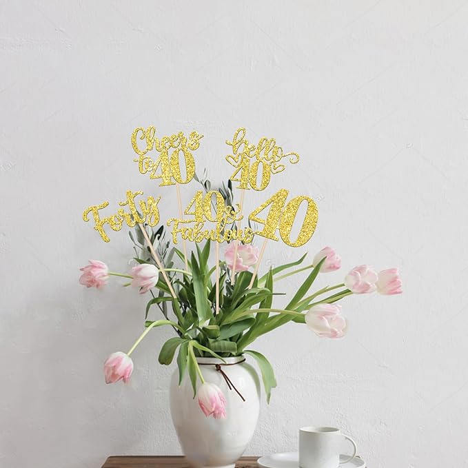 15PCS Happy 40th Birthday Centerpiece Sticks Hello 40 Fabulous Table Flower Centerpieces Sticks Forty Cheers to 40 Years Floral Decoration for Happy 40th Birthday Party Centerpieces Sticks Gold
