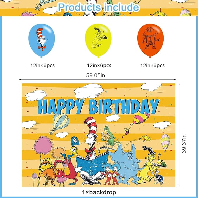 Seuss Cat Birthday Party Decoration,Photo Background 5 x 3 FT, 18 Pcs Balloons,Dr Cat Merch Party Backdrop Supplies