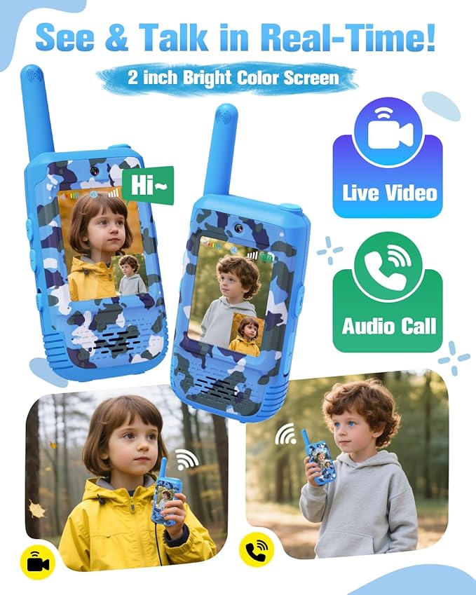 Video Walkie Talkies for Kids with Voice Changer, 2 Pack Rechargeable Kids Walkie Talkies, Outdoor Play Toys Birthday Gifts for 3-12 Year Old Boys Girls, Camping Hiking Family Games