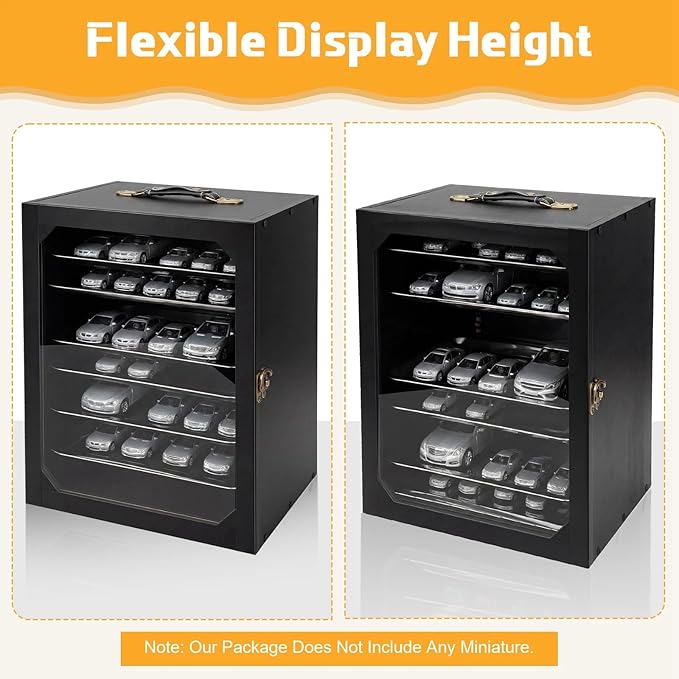 AceOrbit Miniature Storage Carrying Case for Collectibles with LED Light Strip, 6 Trays and Lock Wooden Miniatures Display Case Transport Shelves with Handle for Action Figure Model Collectibles Black