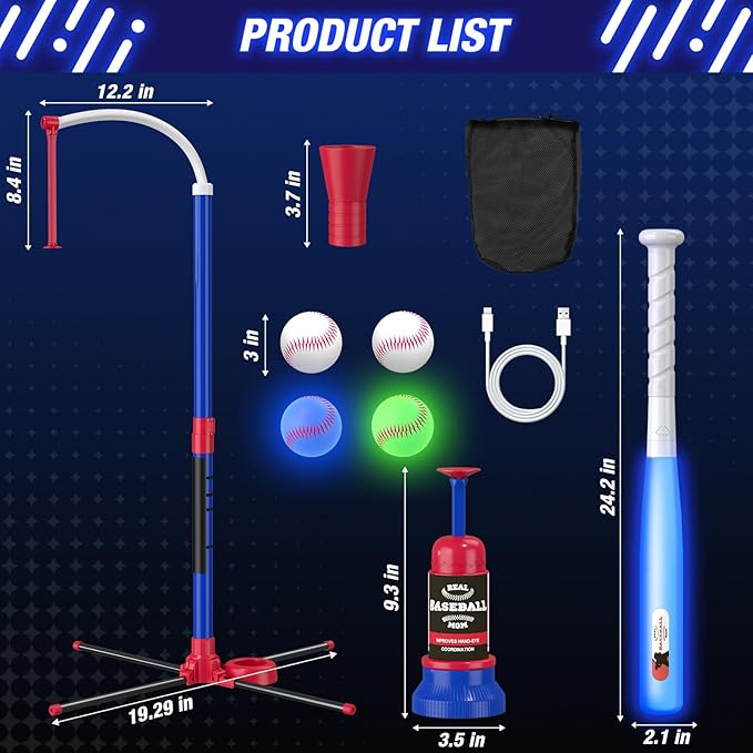 3-in-1 LED Baseball Set for Kids 3-5 - Tee Ball Stand, Hanging Tee, Ball Launcher and 4 Softballs - Adjustable Height, Indoor/Outdoor Sport Gifts for Boys Girls, Blue