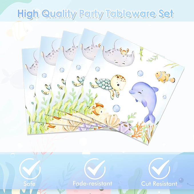 40pcs Under The Sea Baby Shower Decorations Sea Animal Theme Tableware Set Birthday Party Plates and Napkins Ocean Themed Party Decorations Supplies