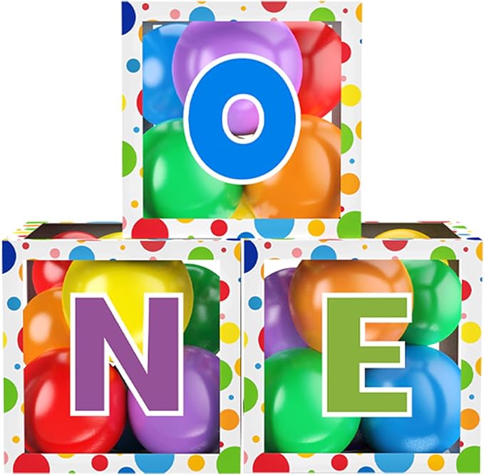 First Birthday Decorations for Boy Girls, ONE Balloon Boxes with Balloons, ONE Blocks for Baby 1st Birthday Backdrop, Cake Smash Photo Props (Round)