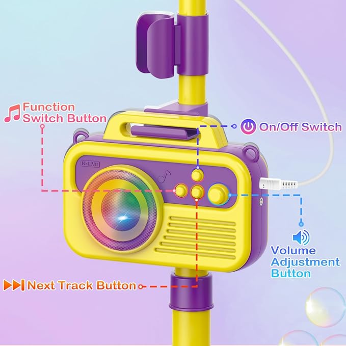 Bluetooth Kids Karaoke Microphone with Adjustable Stand, Karaoke Machine for Kids with Bubble Maker，Vioce Changer, Colorful Lights - Microphones for Singing Christmas, Birthday Gifts for Girls, Boys