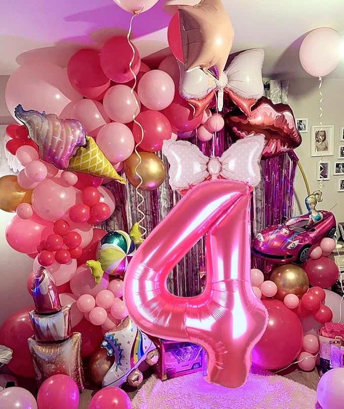 40 Inch Pink Number 4 Balloon with Mini Bow Balloon for Girls 4th Birthday Decorations, Pink Princess Western Cowgirl Theme Birthday Party Decorations Supplies Favors