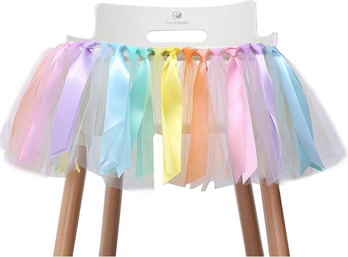 Pastel Rainbow High Chair Banner for 1st Birthday - Party Supplies with Tutu Skirt and Pennant