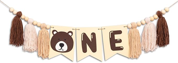 Gostman Bear One High Chair Banner - Beary First Birthday Party Decorations Banner,Happy Camper Party Highchair Banner for 1st Birthday,Camping Themed Party Decor (Bear Tassel Banner)