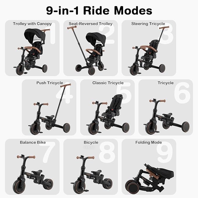 INFANS 9-in-1 Foldable Toddlers Tricycle, Converts Stroller to Balance Bike with Adjustable Push Handle, Canopy & Backrest, Pedal Conversion, Retractable Rear Wheels for 1-6 Years (Black)