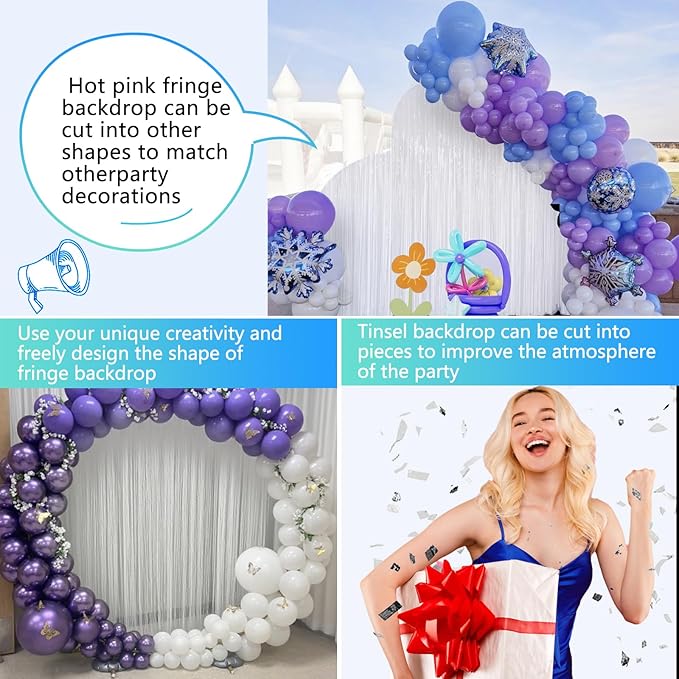 White Foil Fringe Backdrop Curtain 2 Pack 3.3x8.2 Ft, White Tinsel Streamers Birthday Party Decorations Fringe Backdrop for Birthday Graduation Christmas Halloween Baby Shower Gender Reveal